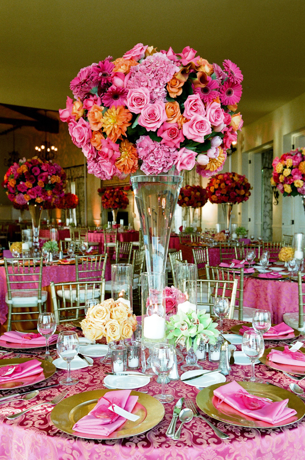 pink and orange wedding centerpiece and tabletop photo by Yvette Roman